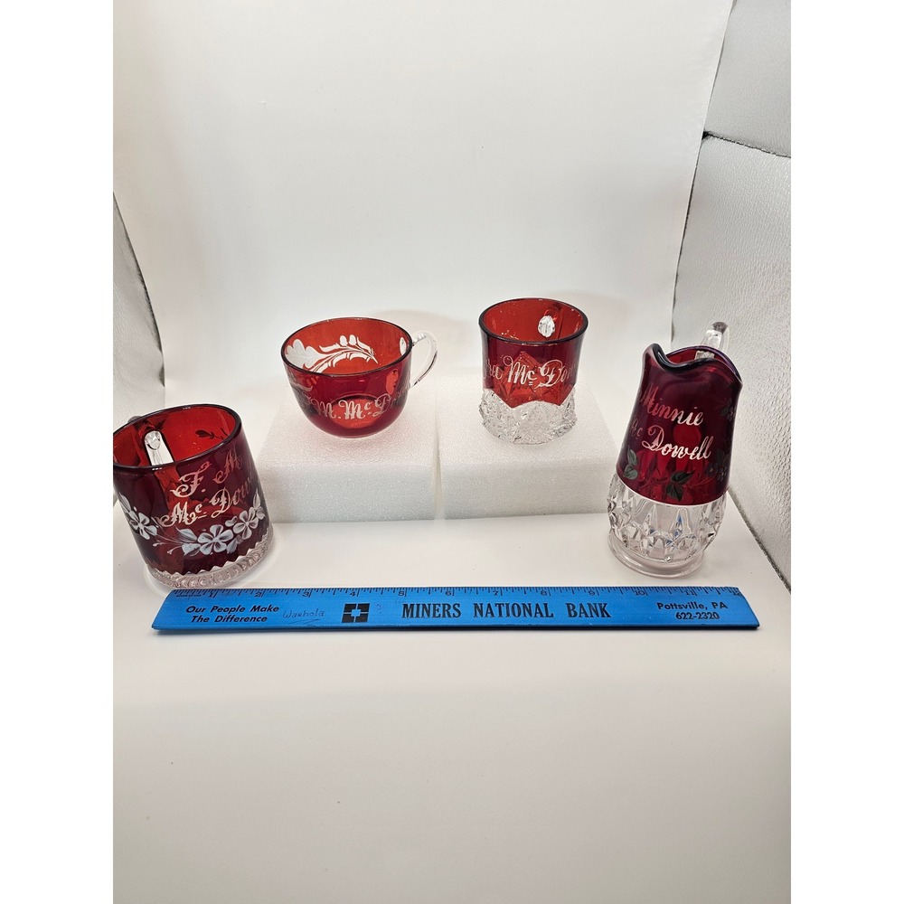 Antique Ruby Stained Glass McDowell Souvenir Set Pitcher Mugs Punch Cup 4pc